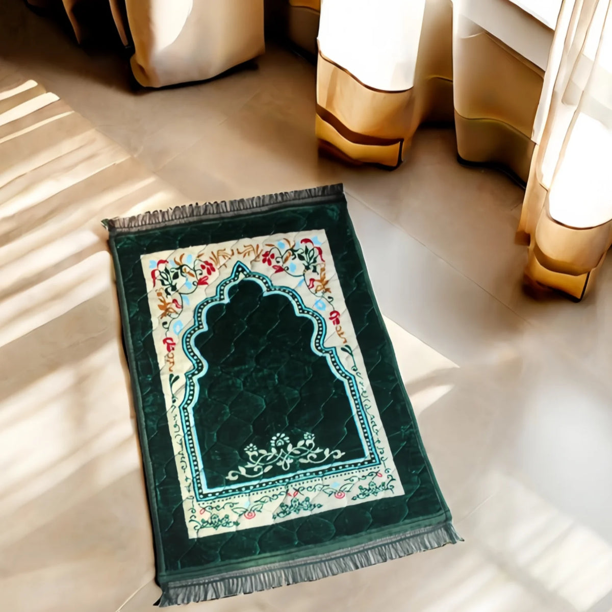tapis prière musulman fleur coton flocage antidérapant bleu vert rouge ornements bordure classique 120cm