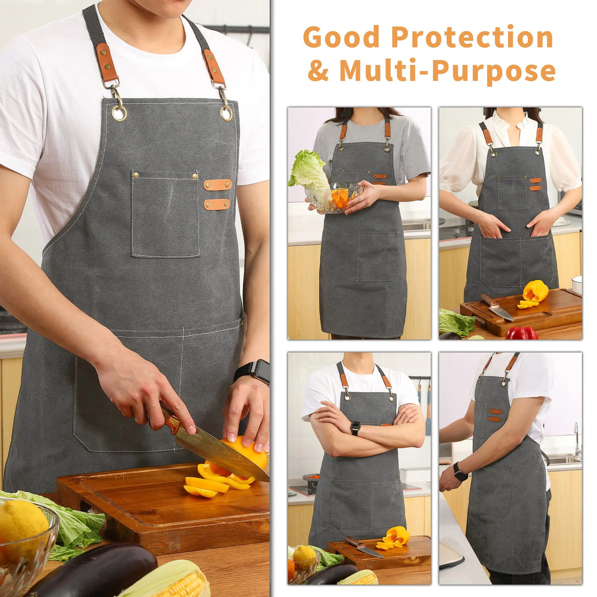 tablier cuisine toile gris classique boucles métalliques poches avant arrière adjustable