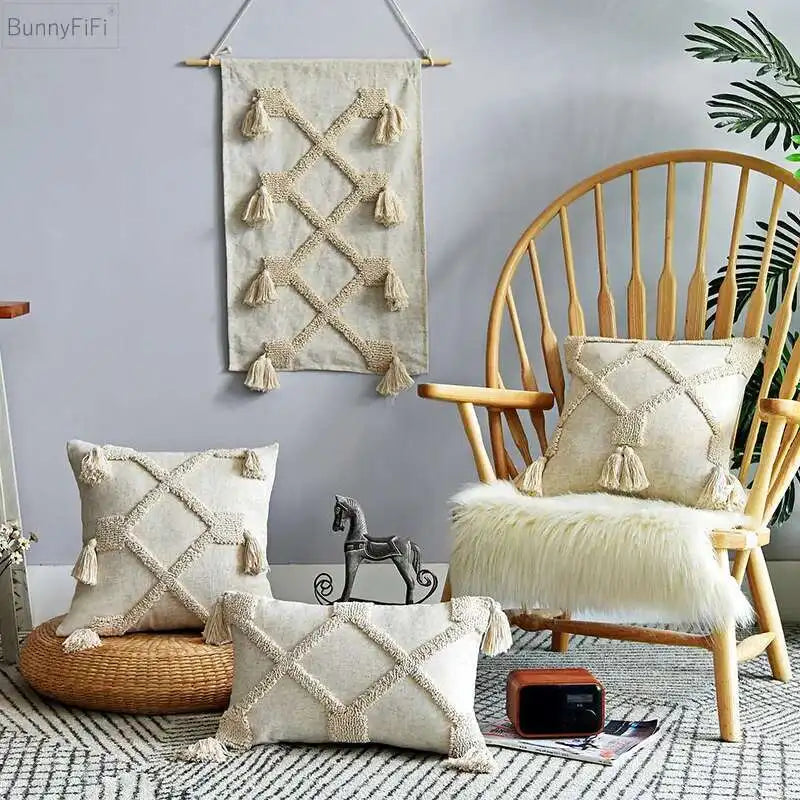 coussin carré beige motif losange texture bouclée décoration maison boho franges