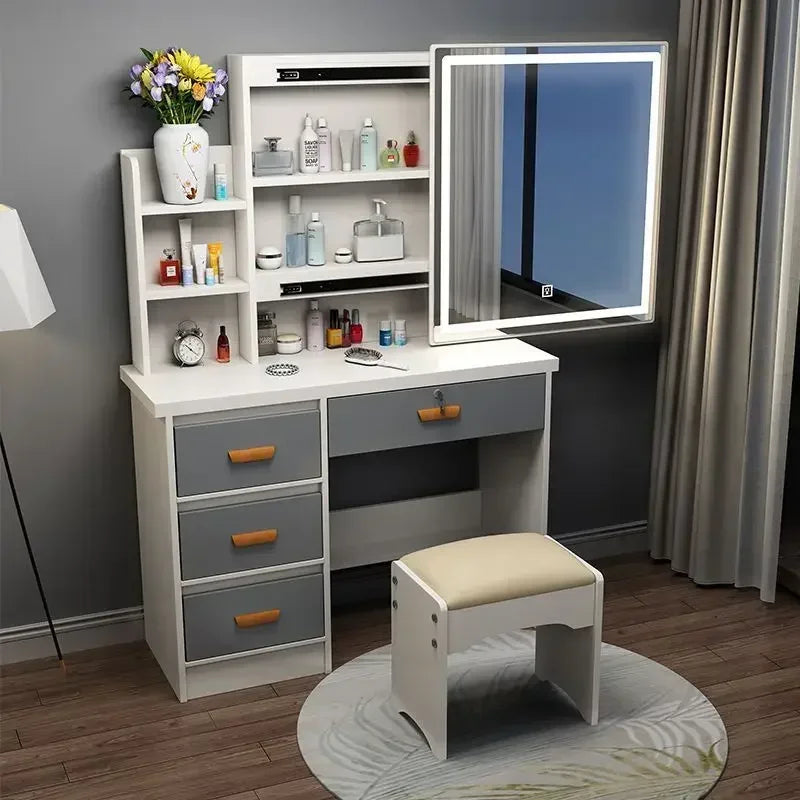 maquillage moderne plateau miroir coulissant tiroir bois tabouret chambre minimaliste