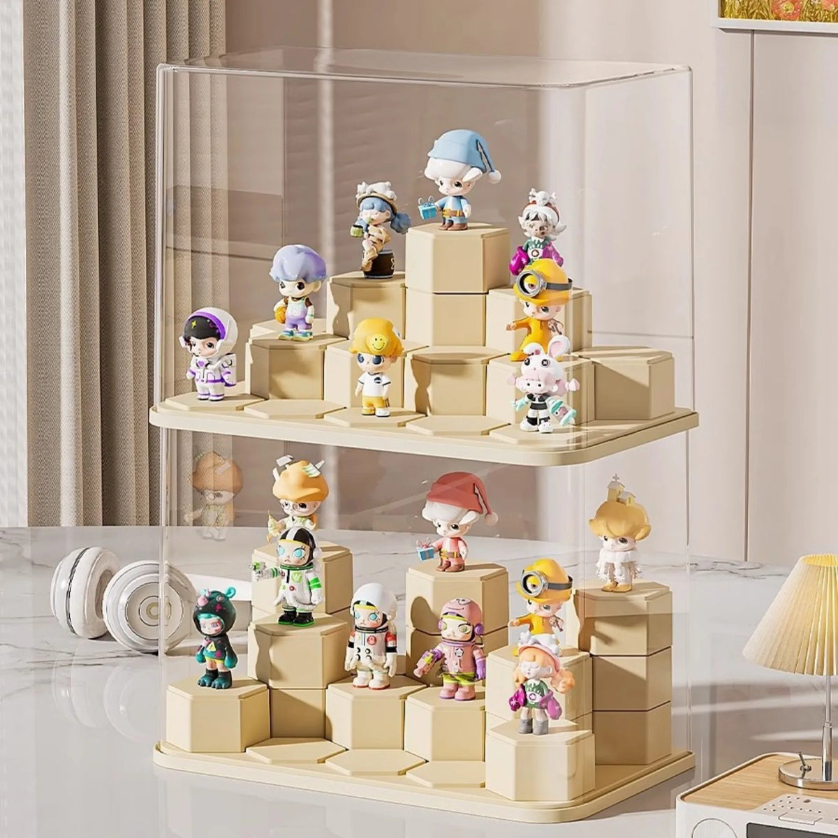 présentoir transparent modulaire solo salon respectueux environnement moderne cartoon figurines colorées hexagonal