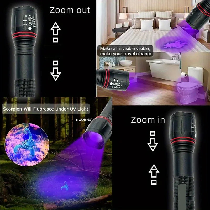 lampe torche uv rechargeable 395nm noir texturé modernes modes lumineux haut bas clignotant