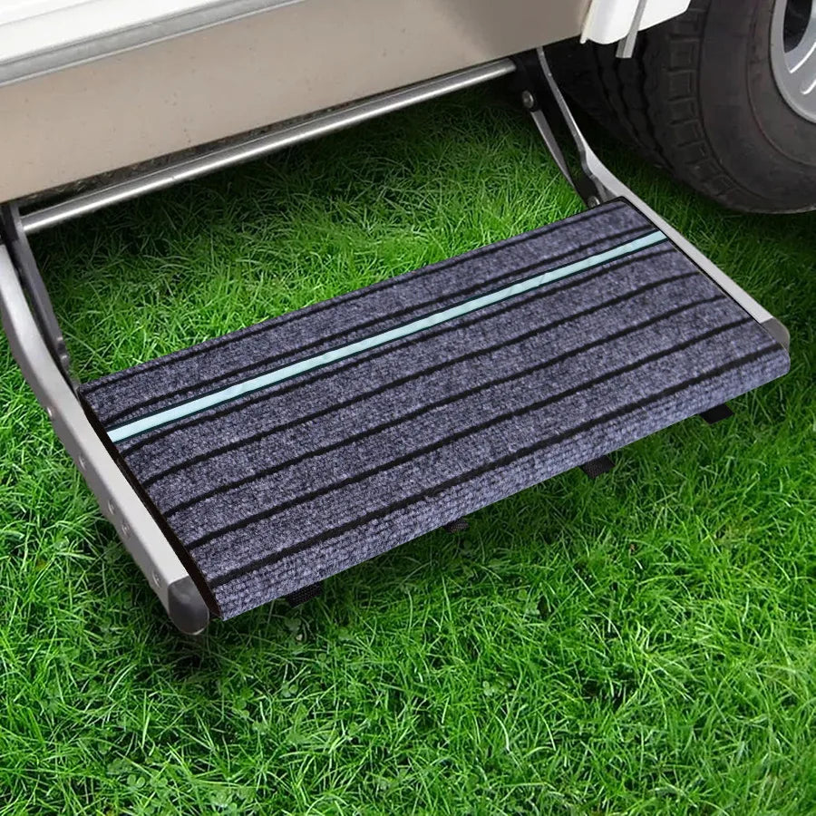tapis marchepied véhicule récréatif rayures horizontales gris foncé noir jaune fluo vert fluo argenté