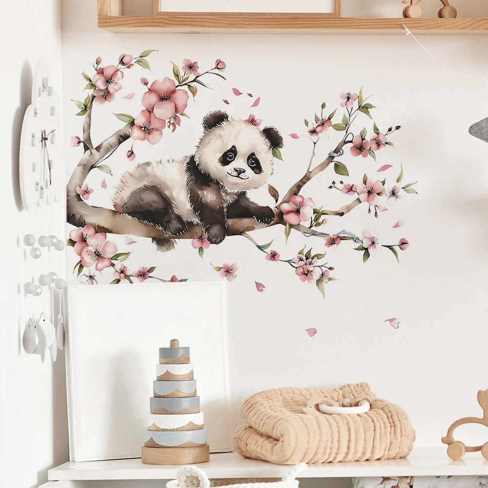 sticker mural panda fleurs illustration auto adhésif résistant eau chambre enfant décoration maison