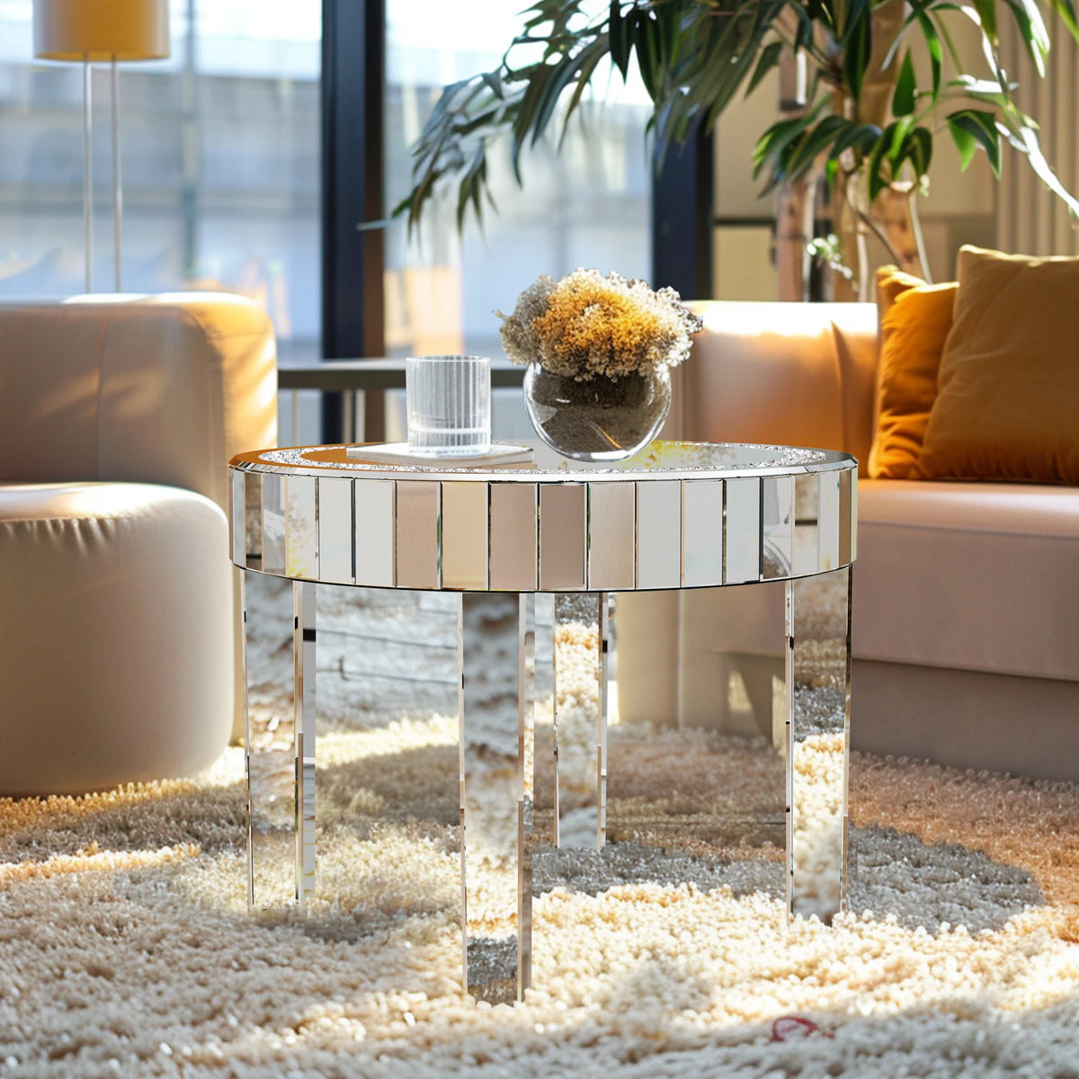 table d'appoint ronde miroir argenté moderne élégante plateau brillant bordure cristaux