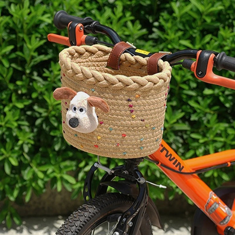 panier vélo enfant tissé beige rose points créatif clips chien