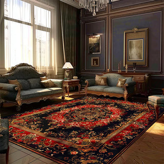 tapis flanelle motif floral géométrique rouge noir doré salon chambre traditionnel orientaliste