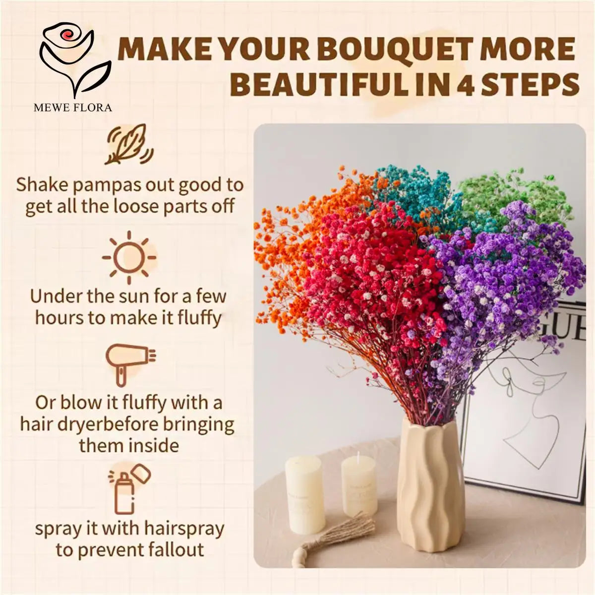 bouquet fleurs séchées mix couleur vase blanc décoration maison anniversaire baby shower naturel rustique