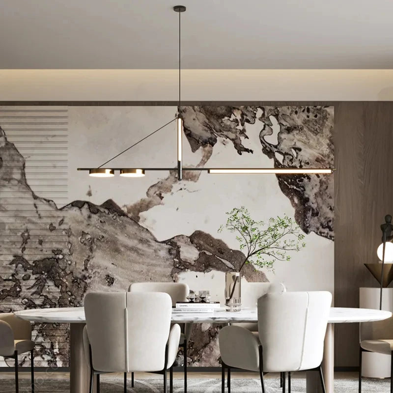 Suspension lumineuse moderne ligne épurée noir doré lumière blanche contemporaine élégante
