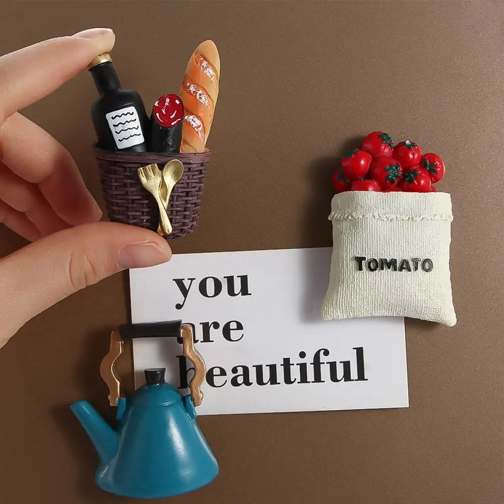 aimants décoratifs miniatures aliments baguette tomates lait oeufs vin ménage cuisine