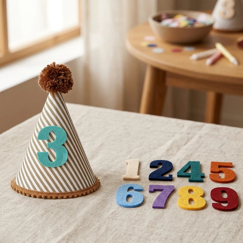 chapeau anniversaire enfant rayures pompon chiffres decoratif festif adhésif blanc marron bleu orange