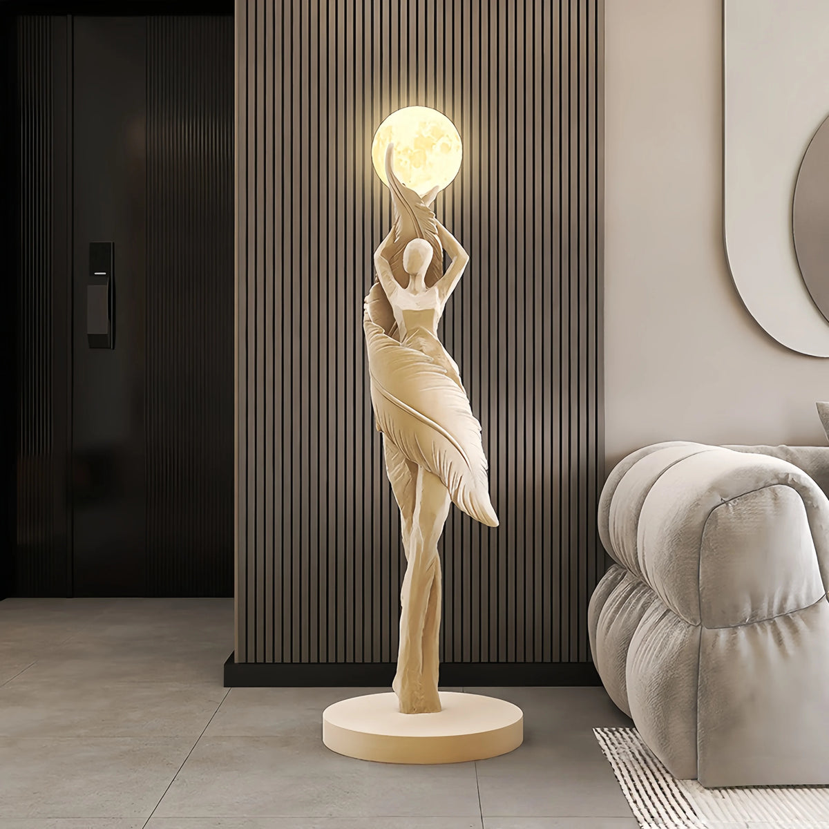 statue femme lune lampadaire moderne résine blanc noir bleu marron ondulé led minimaliste