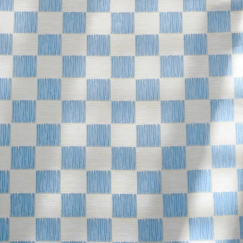 drap lit plat coton bleu clair blanc carreaux géométriques moderne deux oreillers