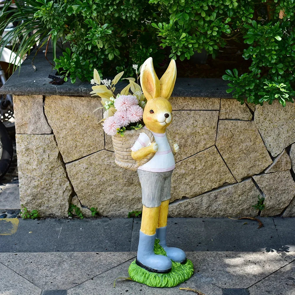 pot fleur lapin statuette panier fleuri décoration jardin enfantin orangé vert bleu