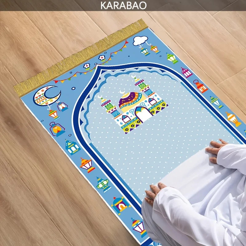 tapis prière islamique moderne bleu clair doré motifs traditionnels usage multiple résistant décoloration