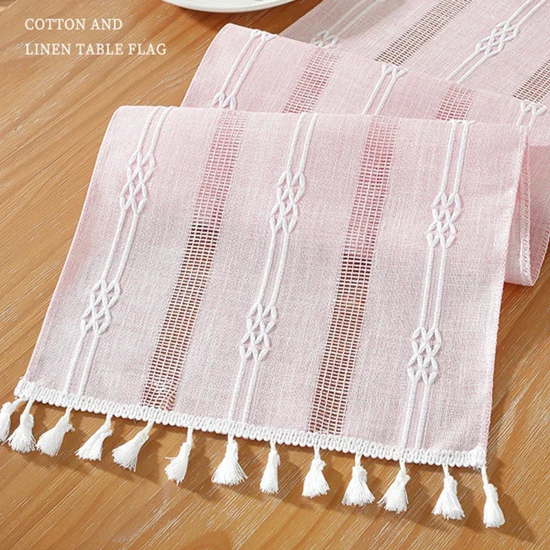 nappe décorative bohème géométrique franges semi transparente blanc rose vert gris bleu marine table
