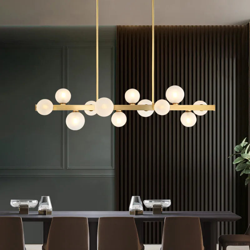 suspension lumineuse moderne or blanc boules translucides chaines interrupteur tactile