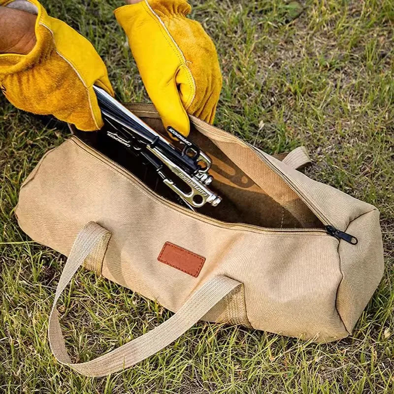 sac rangement tissu texturé outils gants utilitaire décontracté portable beige marron