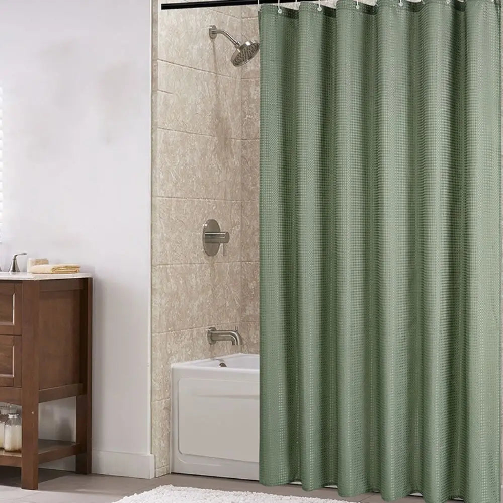 rideau douche vert olive points dorés moderne imperméable polyester anneaux salle bain