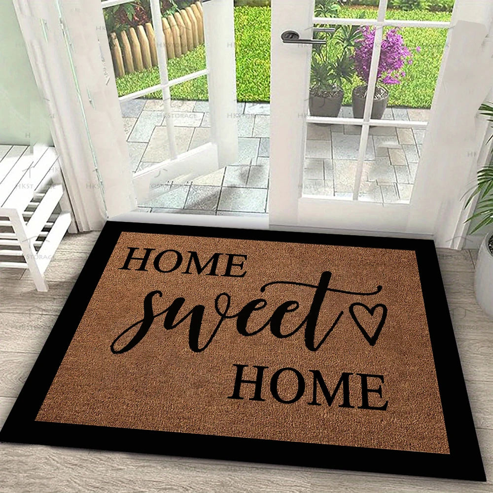 tapis d'entrée moderne marron clair noir lettres blanches motif cerfs sapins antidérapant intérieur extérieur