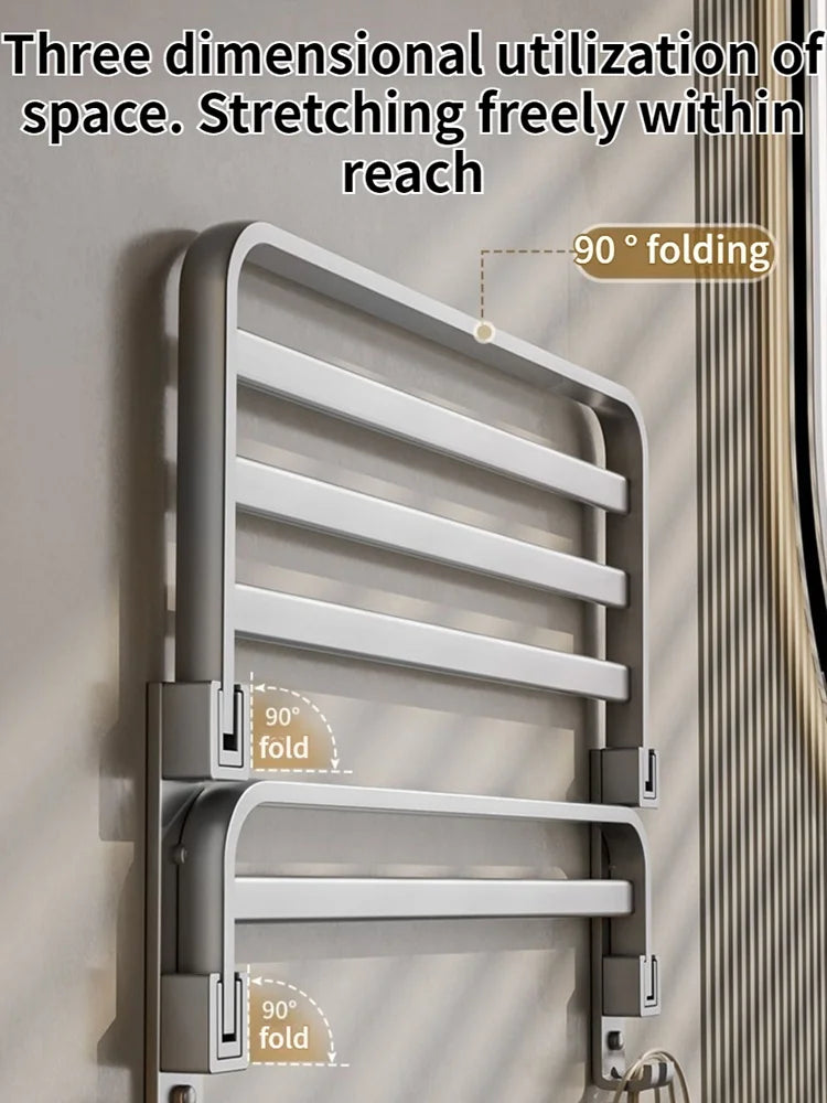 étagère rangement bain moderne pliable barre serviettes crochets gris métallique fixation murale