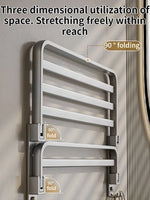 étagère rangement bain moderne pliable barre serviettes crochets gris métallique fixation murale