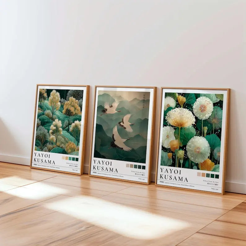 affiche toile cadre bois paysage fleurs abstraites oiseaux décor salon moderne art contemporain