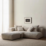canapé modulaire velours rayures beige clair moderne salon bois oreillers minimaliste