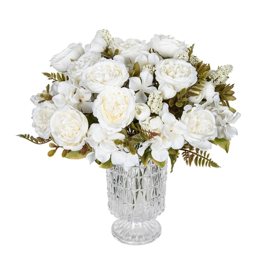 décoration intérieure bouquet fleurs artificielles pivoine rose blanche rouge romantique élégant vase transparent jardins