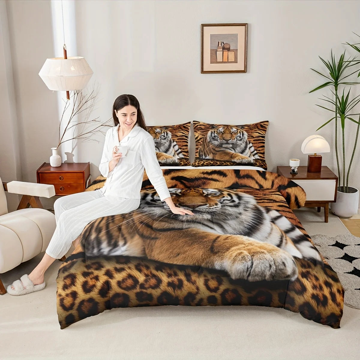 ensemble literie moderne tigre léopard orange noir taies oreiller couvre lit double king queen