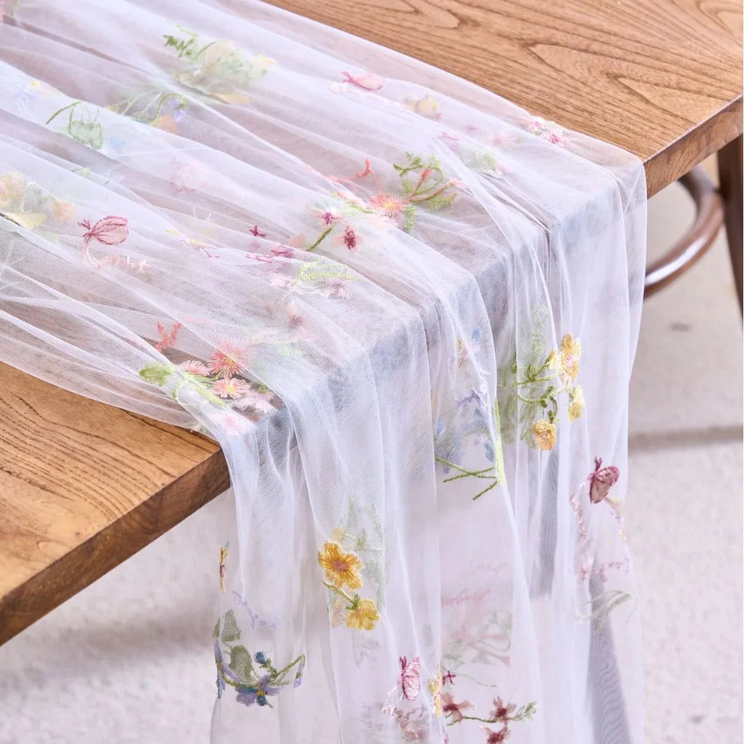 nappe courte fleur brodée transparente polyester décoration mariage anniversaire champêtre