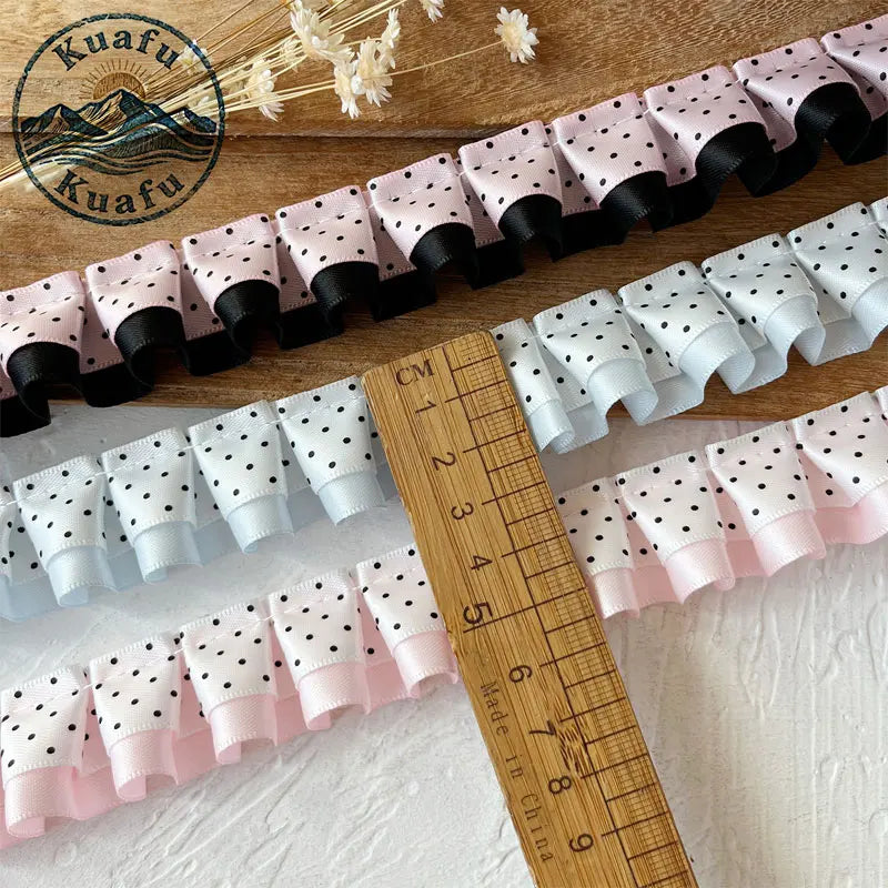 ruban plissé dentelle polyester largeur 2.5cm mariage noir blanc rose bleu violet points noirs