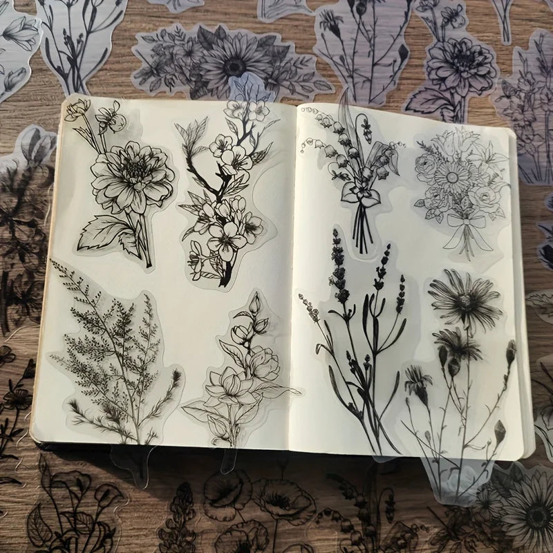 autocollants transparents fleurs plantes dessinés main noirs blancs décor bricolage scrapbooking étiquettes transparentes