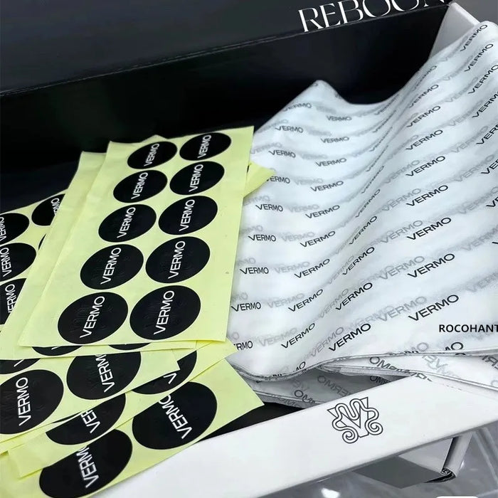 papier d'emballage blanc noir logo moderne élégant 100 pièces stickers personnalisables occasion mariage anniversaire