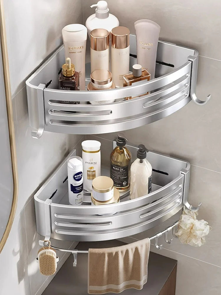étagère salle bain moderne argente argenté fixations murales flacons hygiène minimaliste