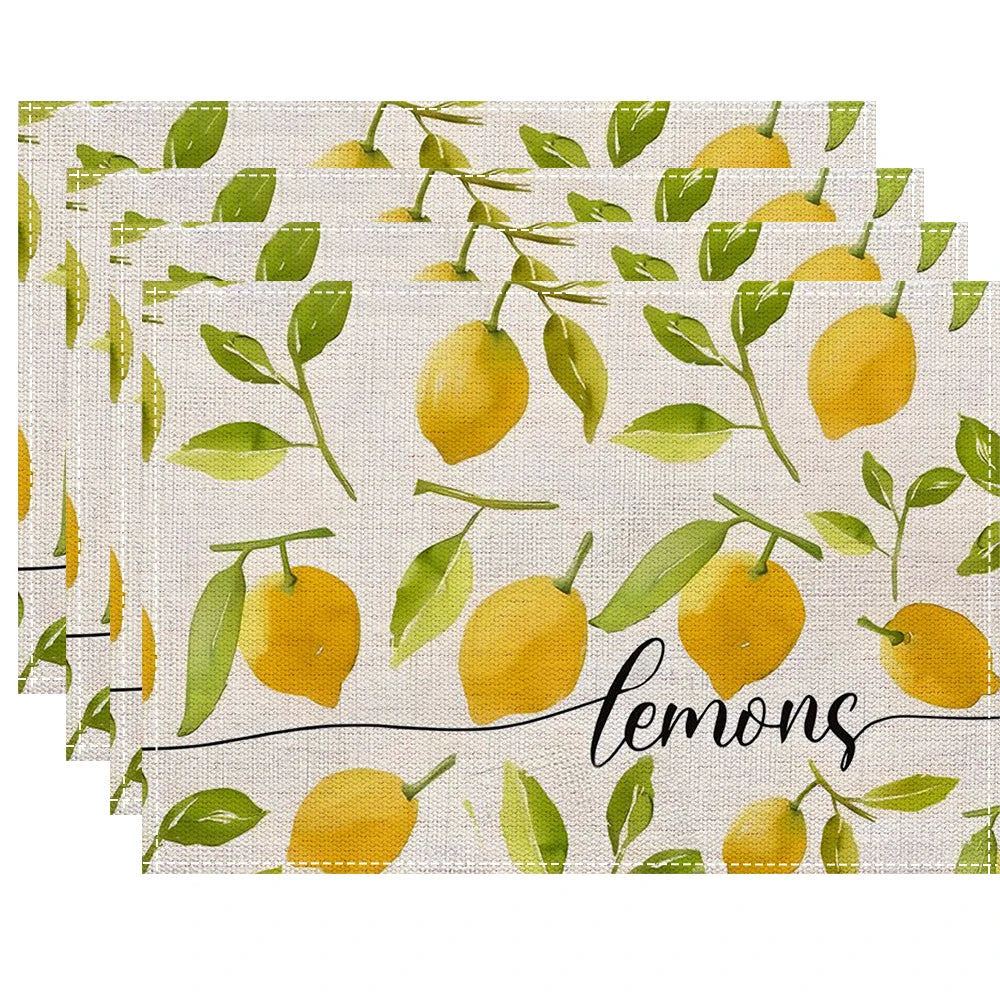 serviettes table lin lavables motif floral citron carreaux gris blancs textes décoratives rustiques