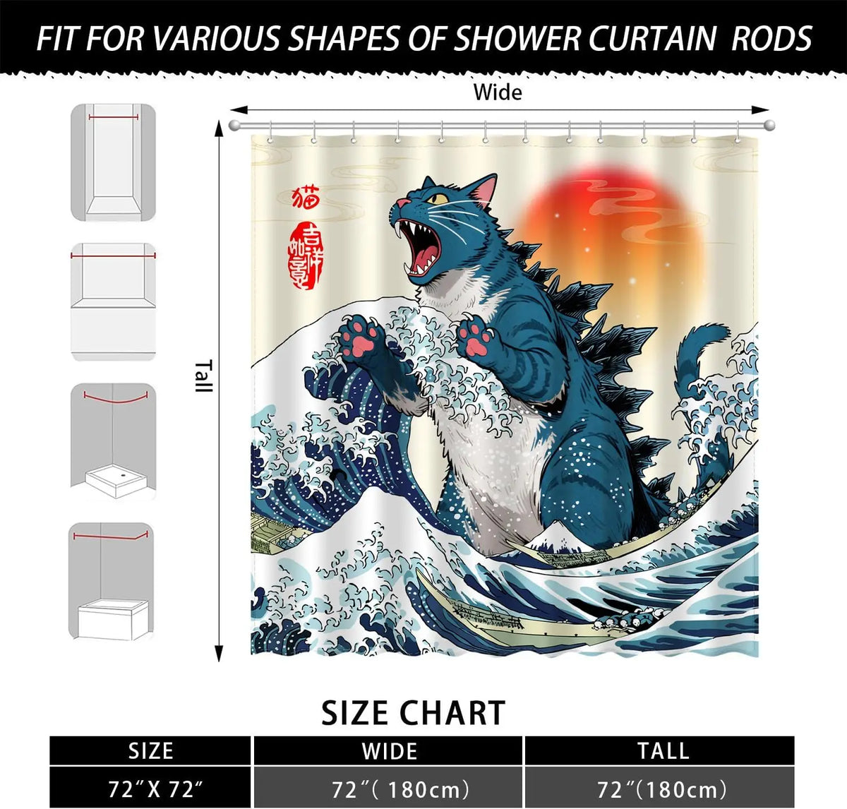 rideau douche imperméable motif chat géant vague artistique salle bain enfant