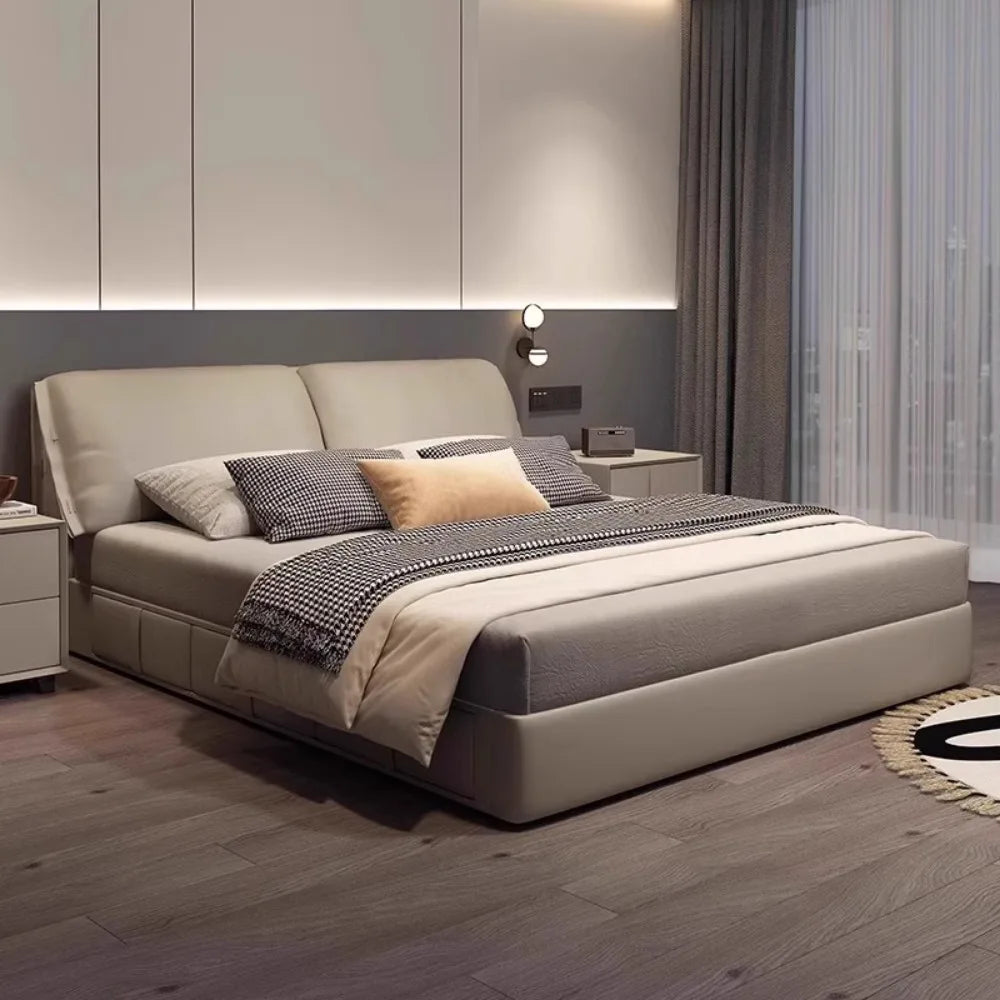 lit double moderne bois beige gris noir rangement oreillers chambre coucher