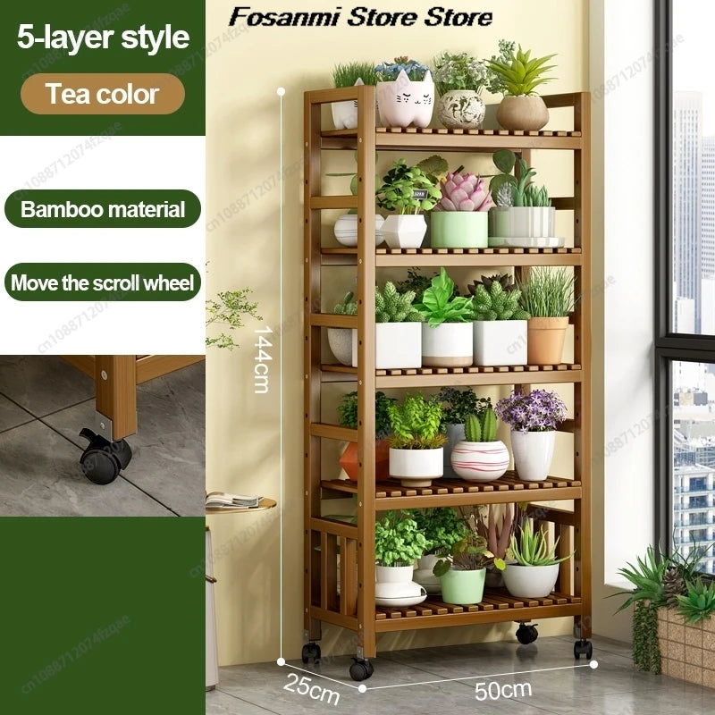 présentoir vertical étagère fleurs mobile bois naturel lattes horizontales moderne 10 niveaux roulettes balconintérieur