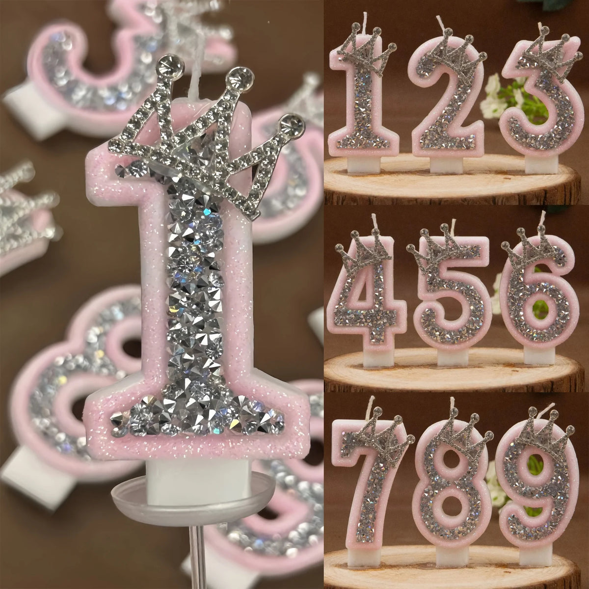 bougies chiffres rose pâle strass argenté décoratives anniversaire princesse couronne festive création