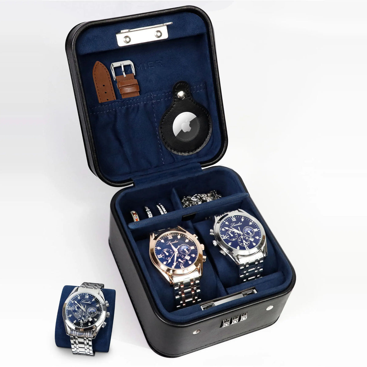 boîte rangement montres bijoux simili cuir vert foncé noir gris moderne zippée porte bagues