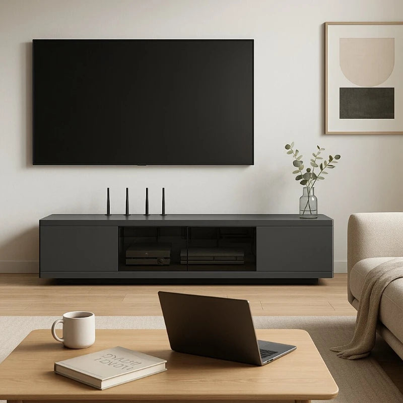boîte rangement routeur wifi noir blanc moderne organisation living room.storage