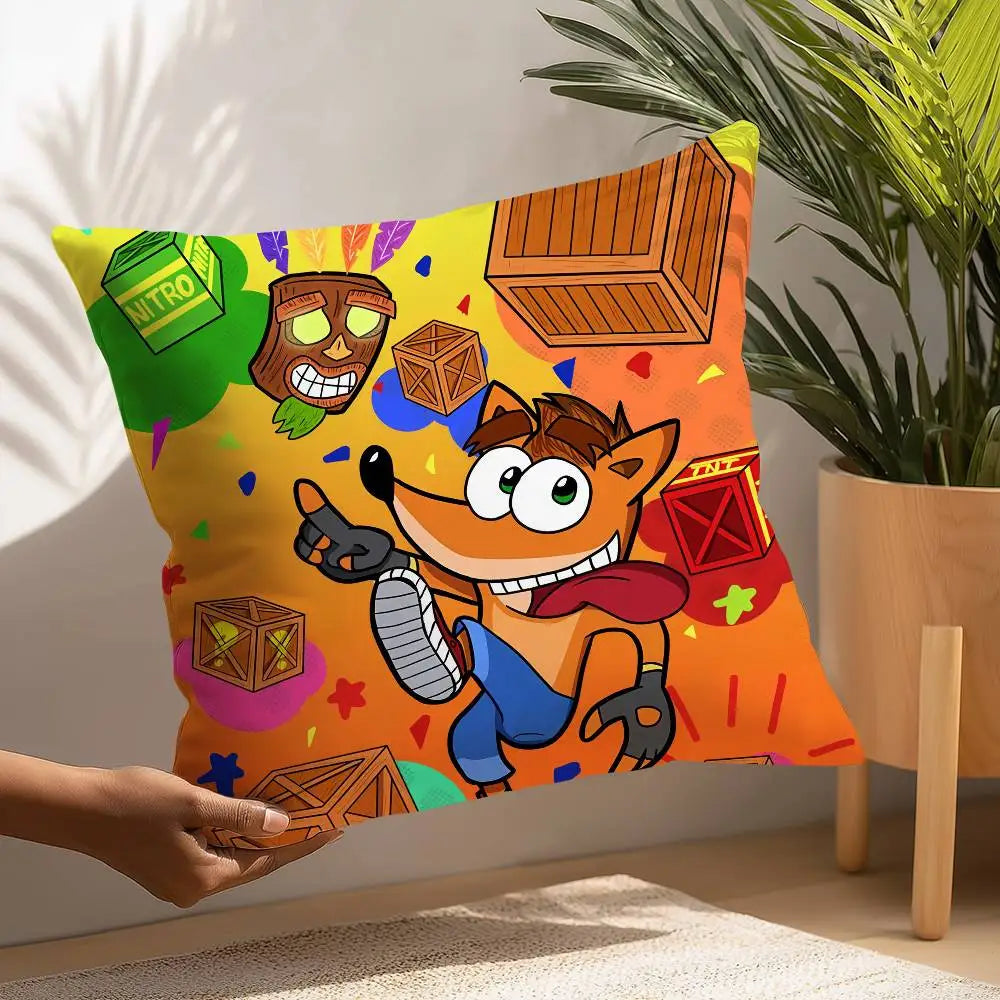coussin décoratif carré crash bandicoot microfibre peluche cartoon orange bleu chambre salon enfant