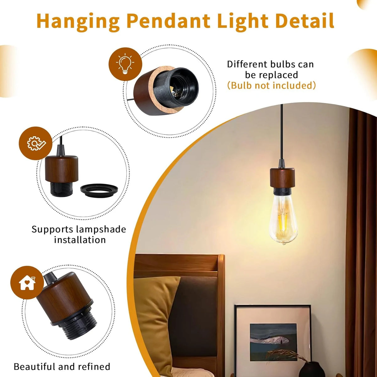 base câble suspendu lampe bois texture moderne douille E27 noir brun foncé