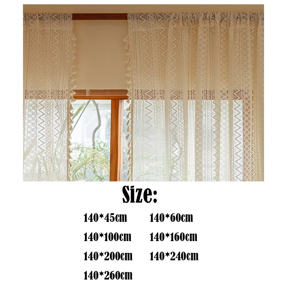 rideau beige broderie géométrique franges semi transparent vintage classique fenêtre intérieur polyester