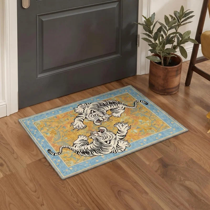 tapis d'entrée vintage motif tigre rose beige décor maison ferme antidérapant lavable intérieur
