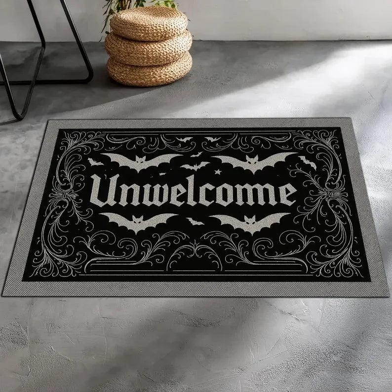 tapis d'entrée halloween chauves souris citrouille trick or treat noir blanc orange