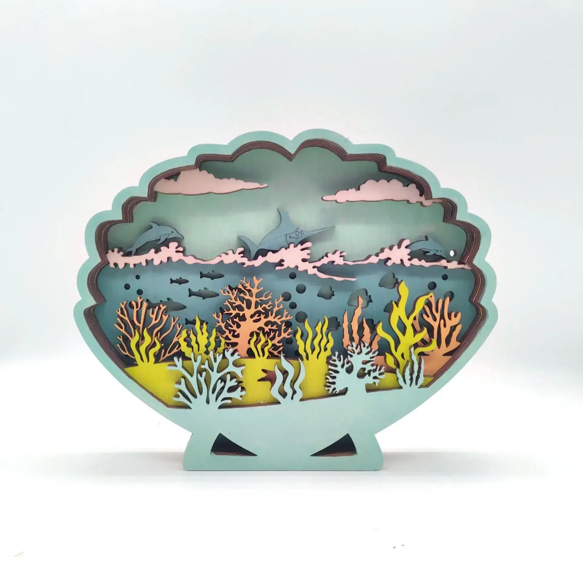 lampe décorative artisanale thème marin poissons étoiles mer coquillages lumière bois naturel bleu vert