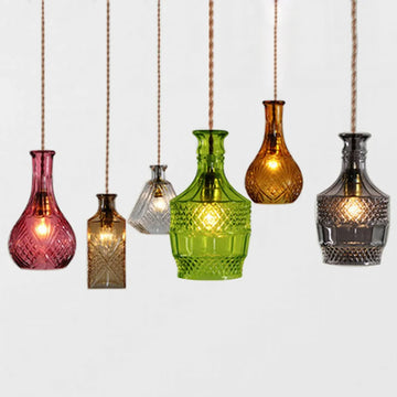 lampe suspendue vintage verre transparent motif géométrique ampoule câble noir vert amber