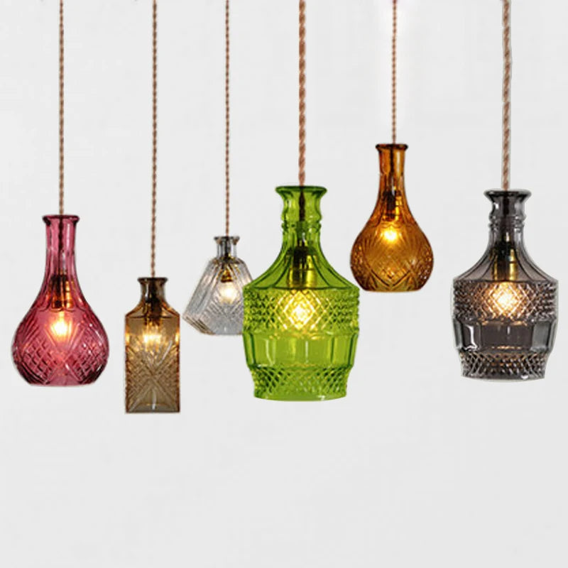 lampe suspendue vintage verre transparent motif géométrique ampoule câble noir vert amber